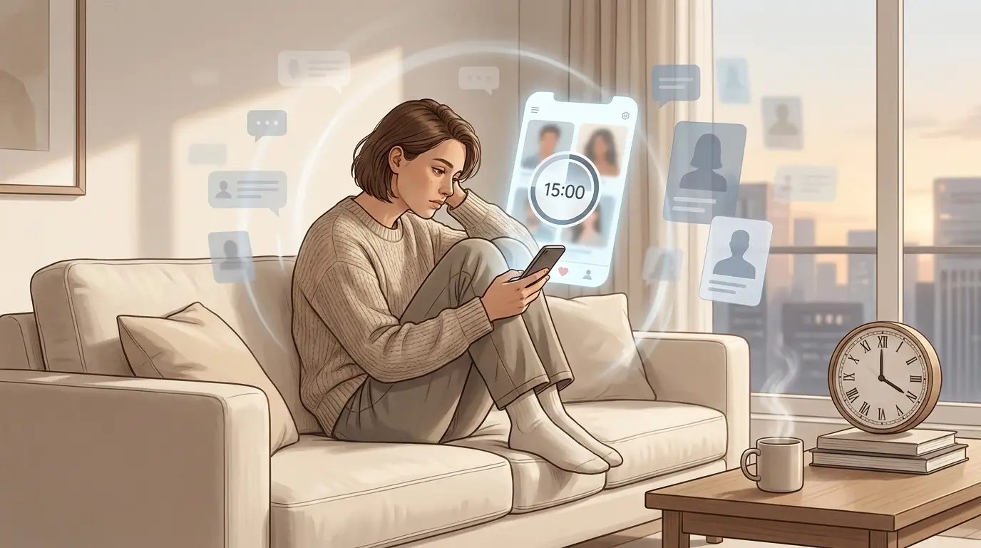 Person checking their phone with a timer, setting a daily swipe limit to prevent dating app burnout