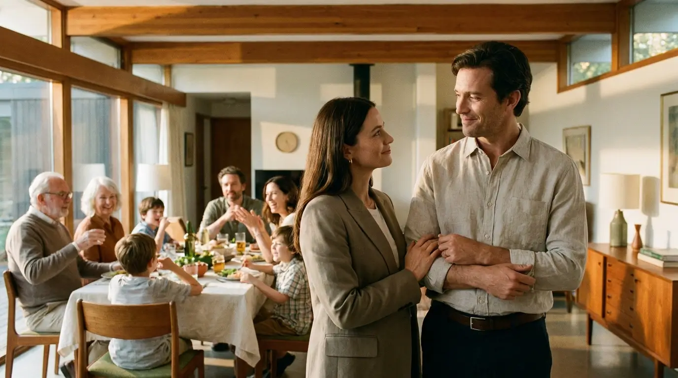 Couple quietly united, standing together at a family gathering