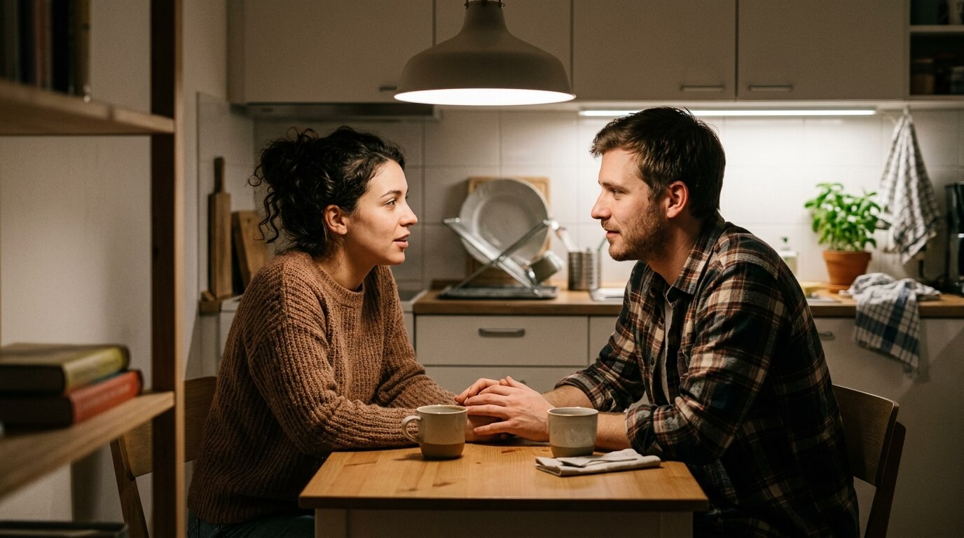 Couple missing a small moment of connection, one person distracted while the other tries to share something