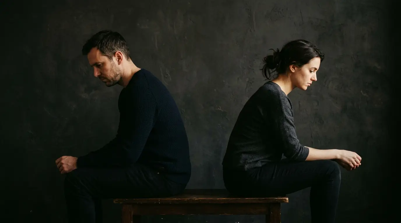 Married couple sitting side by side but emotionally distant, illustrating roommate mode in marriage
