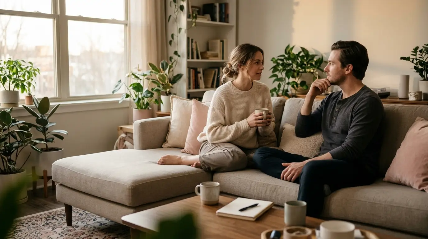 Couple reviewing the week ahead together, coordinating schedules and commitments