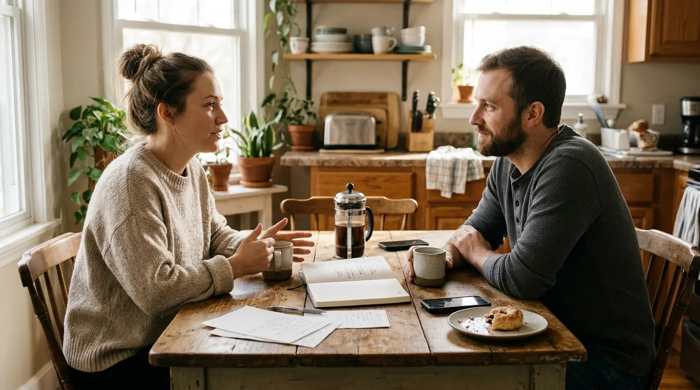 Couple sitting close together during a relationship check-in