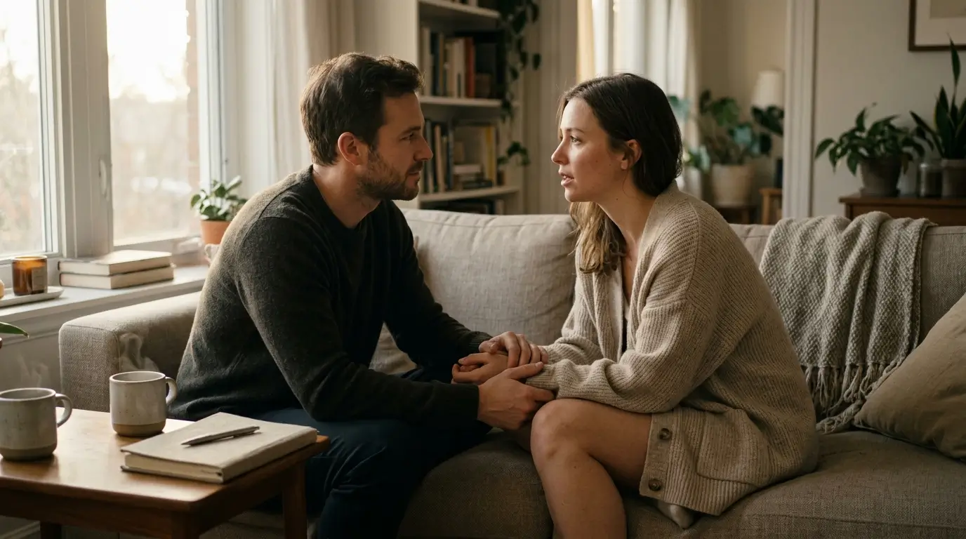 Couple having an honest, unhurried monthly conversation about closeness and shared goals