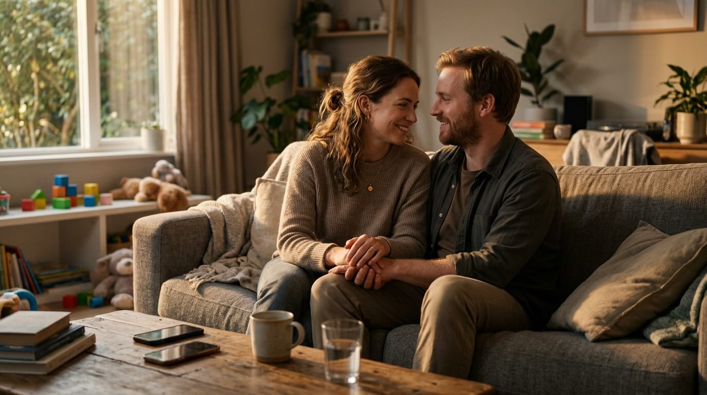 Couple talking calmly, redistributing household ownership through an honest conversation