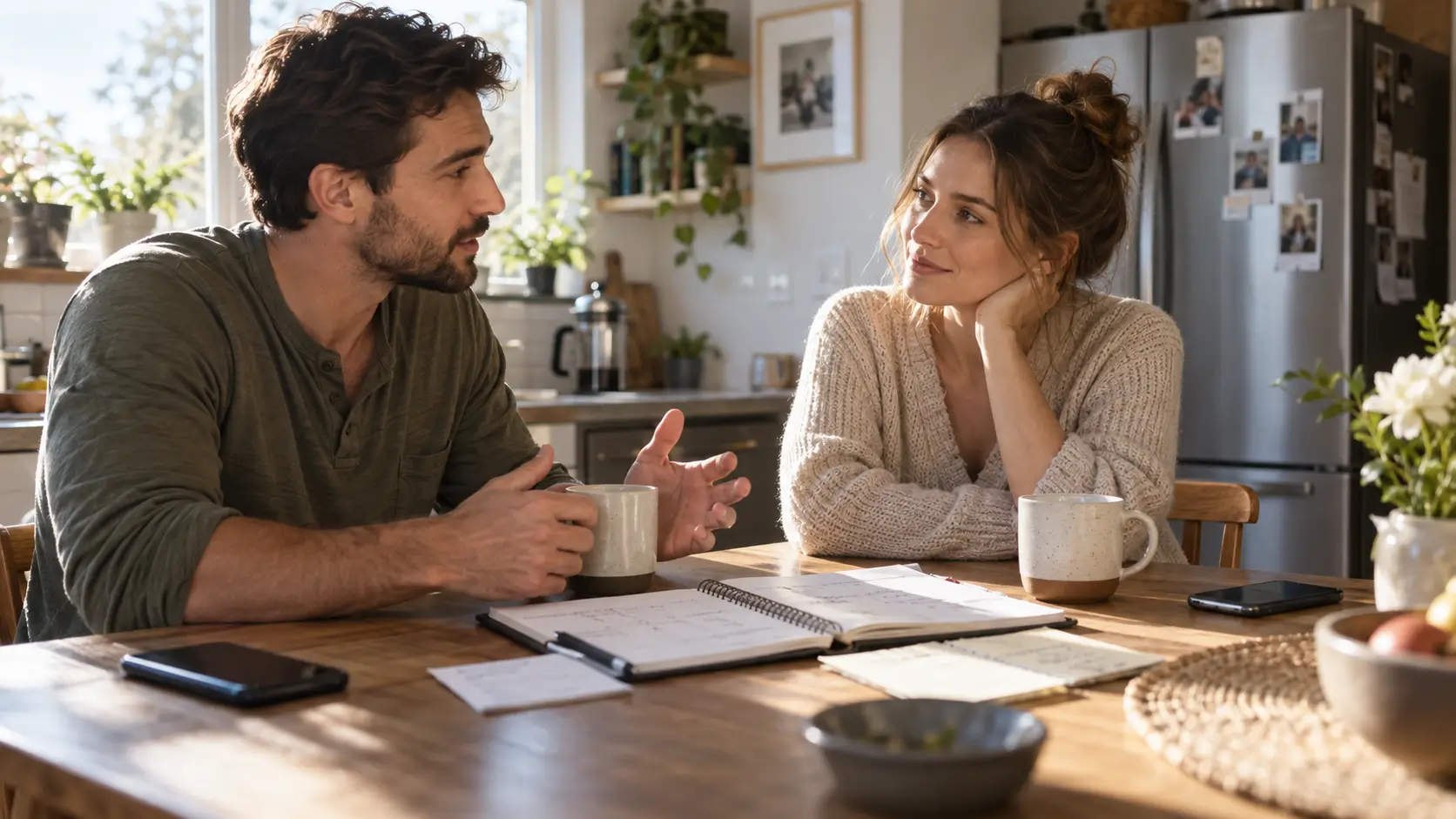Couple sharing an ordinary everyday moment at home, close but easily slipping into logistics-only conversation