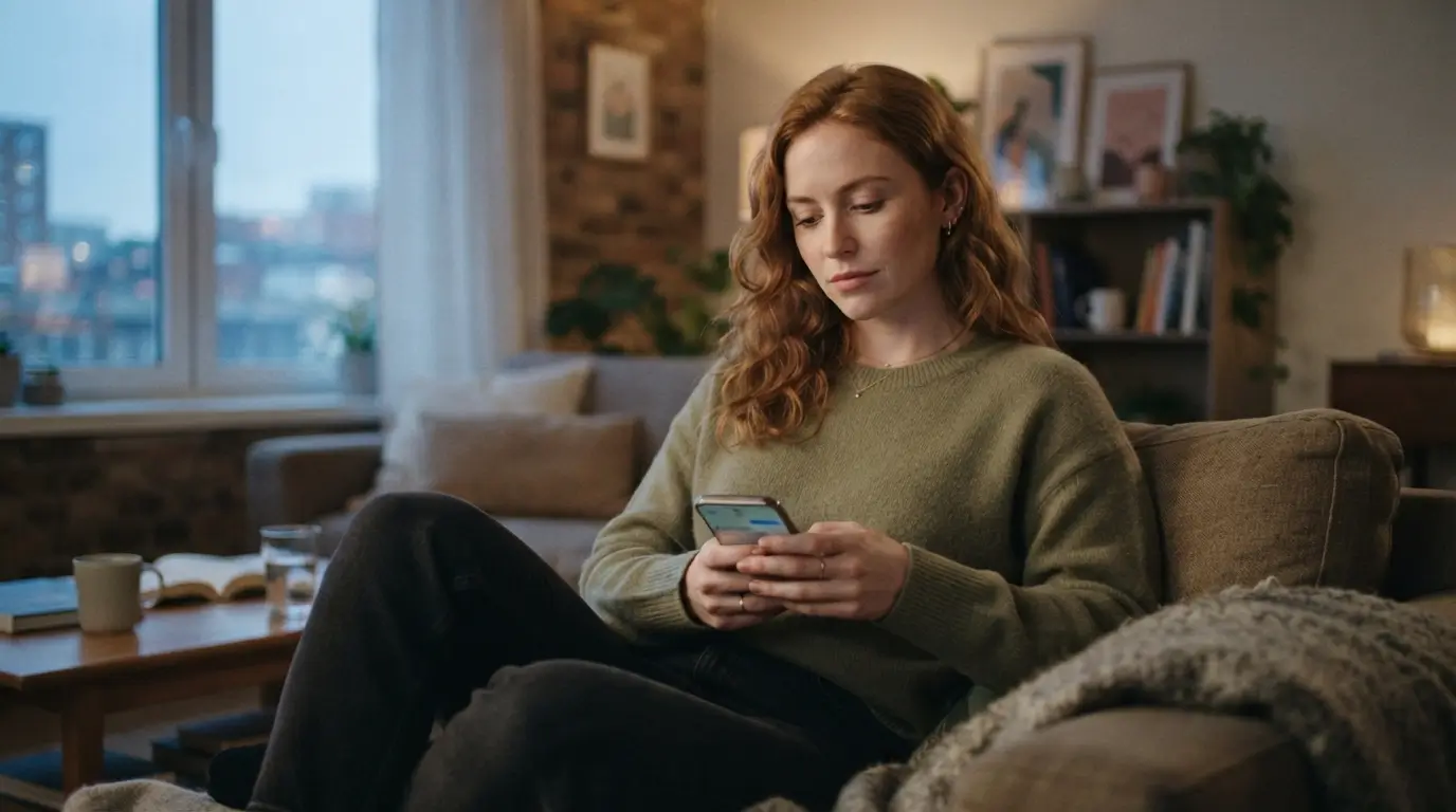 Woman looking at her smartphone while waiting for a dating app message
