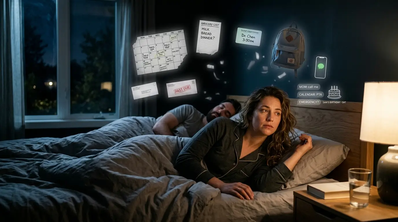 Couple lying in bed, one partner awake at night mentally running through household responsibilities